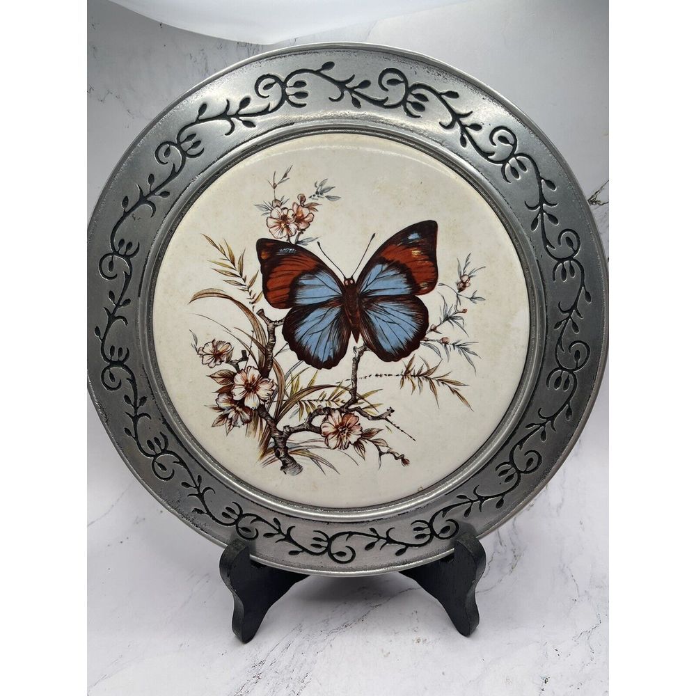 Vintage Pewter & Ceramic Blue Butterfly Trivet by Cast‎ Craft, Columbia, PA